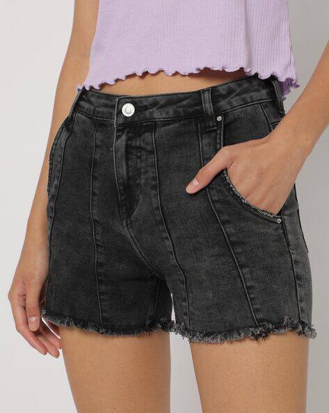 Panelled Denim Shorts with Raw Hems