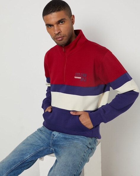 Colourblock Slim Fit Sweatshirt with Kangaroo Pocket