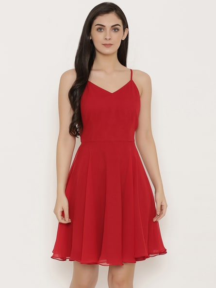 Buy SASSAFRAS Women Red Solid Fit & Flare Dress - Dresses for Women 2280977  | Myntra
