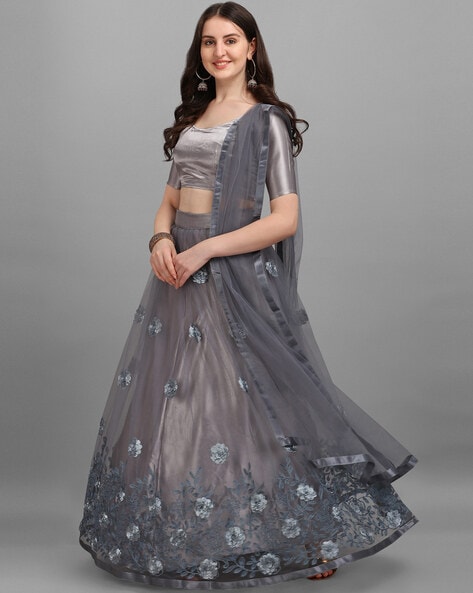 Buy Designer Grey Colored Digital Print And Embroidered Bangalore Silk Lehenga  Choli Online