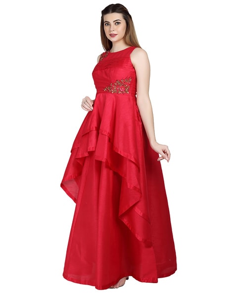 YMNG9906 Red Embellished Lycra Cocktail Gown with Stylized Ruffled Straps –  Chhabra 555
