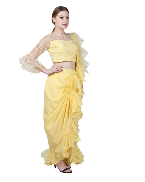 VANYA Yellow Floral Hi-Lo Ruffle Lehenga Skirt – HarleenKaur