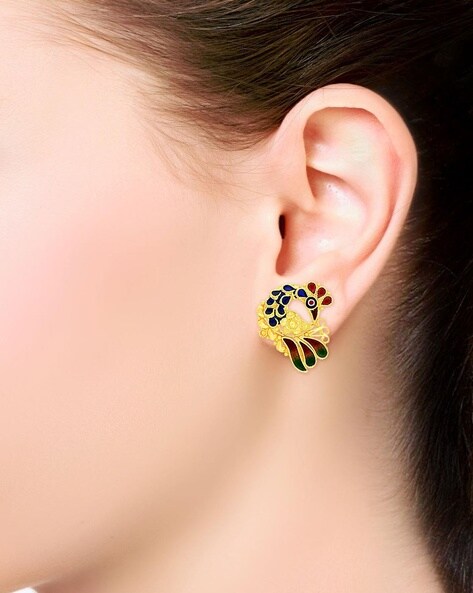 Yellow Gold Peacock Design Stud Earrings
