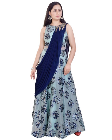 Women Embroidered Georgette Gown Kurta With Attached Dupatta