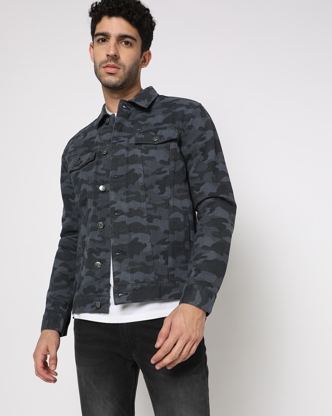 Black camo jean jacket sale