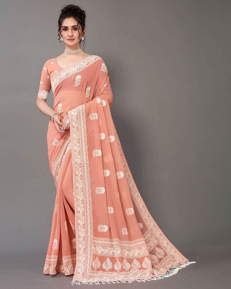 Buy Enchanting Peach Zari Weaving Organza Saree With Blouse - Zeel Clothing