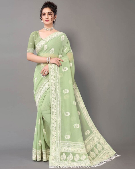 Pure Organza Pista Green Saree with Contrasting Blouse with Potli Bag –  Sunasa