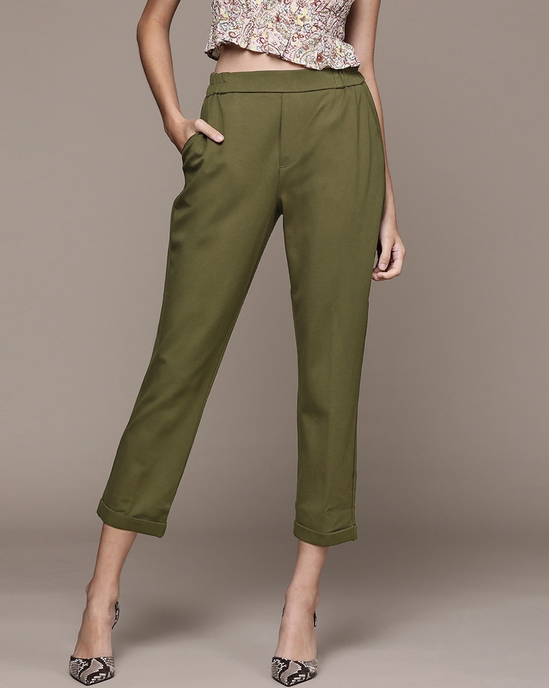 Buy PANIT Women Olive Green Cropped Peg Trousers - Trousers for Women  6993400 | Myntra