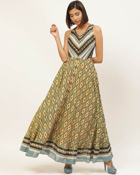Buy Blue & Yellow Printed Maxi Dress Online - Label Ritu Kumar