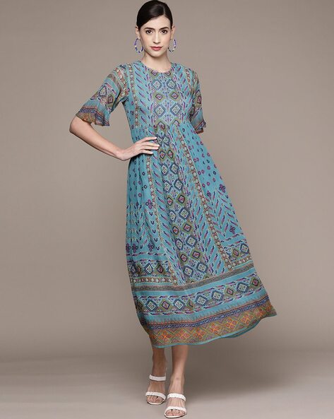 Buy Label Ritu Kumar Teal Midi Dress for Women's Online @ Tata CLiQ