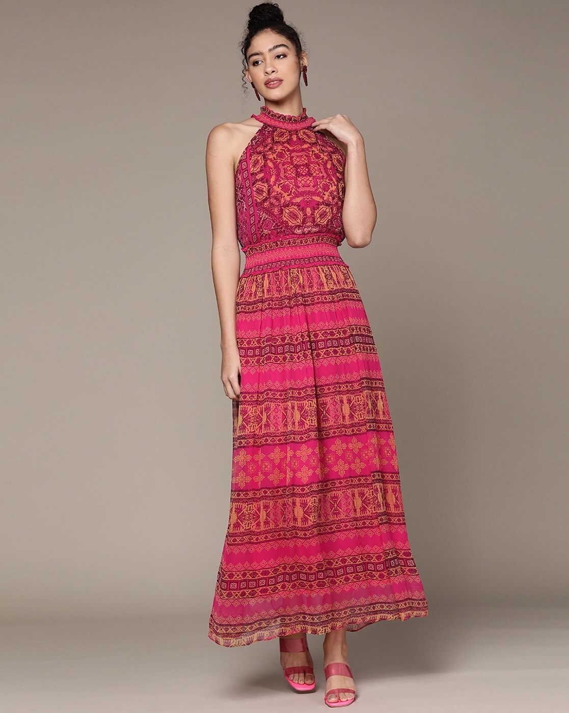 Buy Ecru Printed Halter Maxi Dress Online - Label Ritu Kumar India Store  View