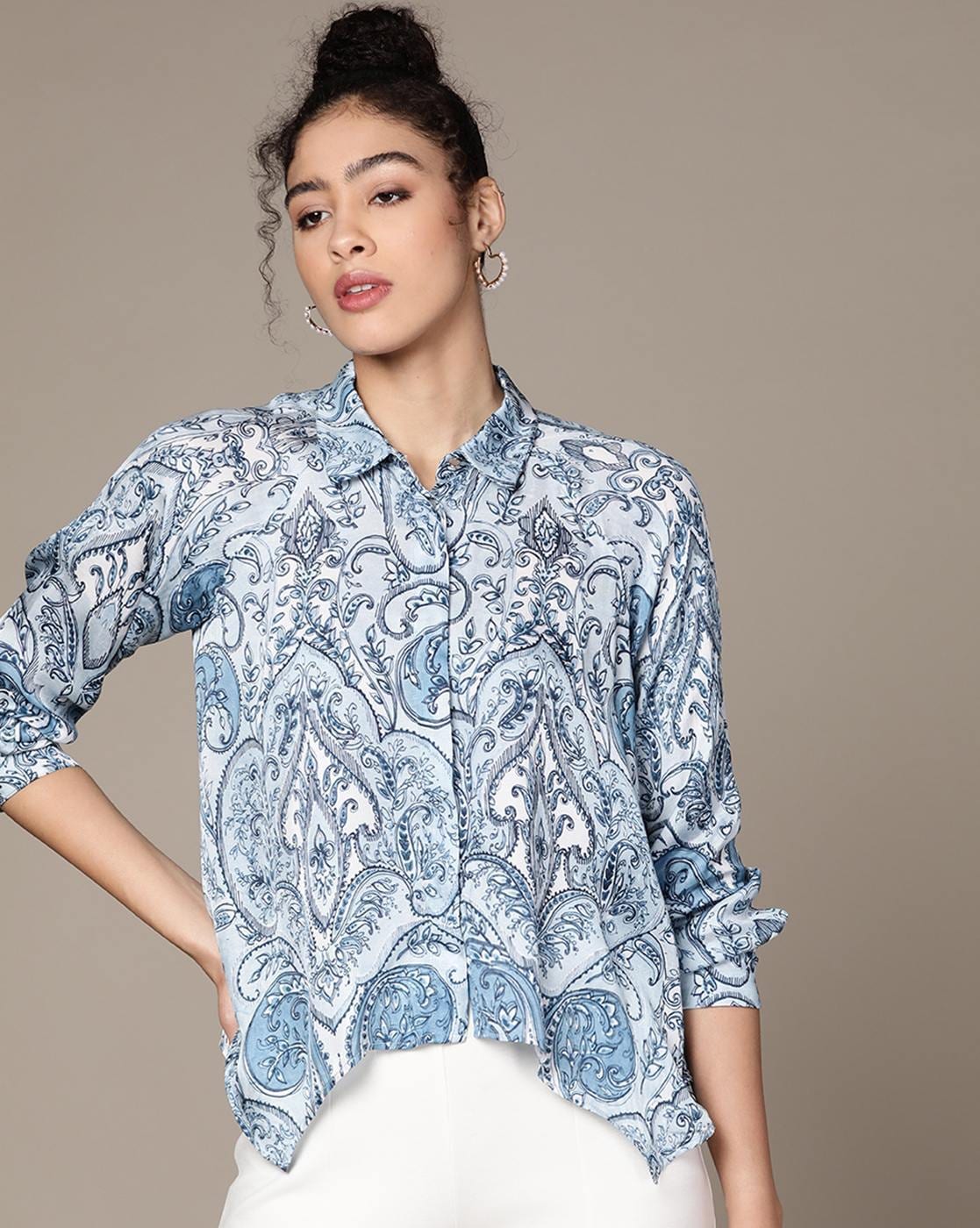 Buy Blue Printed Asymmetric Satin Shirt Online - Label Ritu Kumar