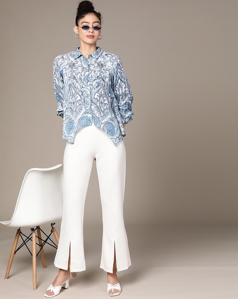 Buy Blue Printed Asymmetric Satin Shirt Online - Label Ritu Kumar