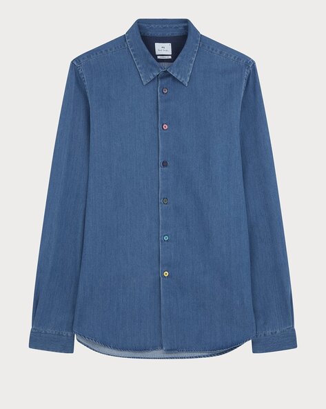 Eileen Fisher Button-down Organic Cotton Twill Shirt In Denim | ModeSens