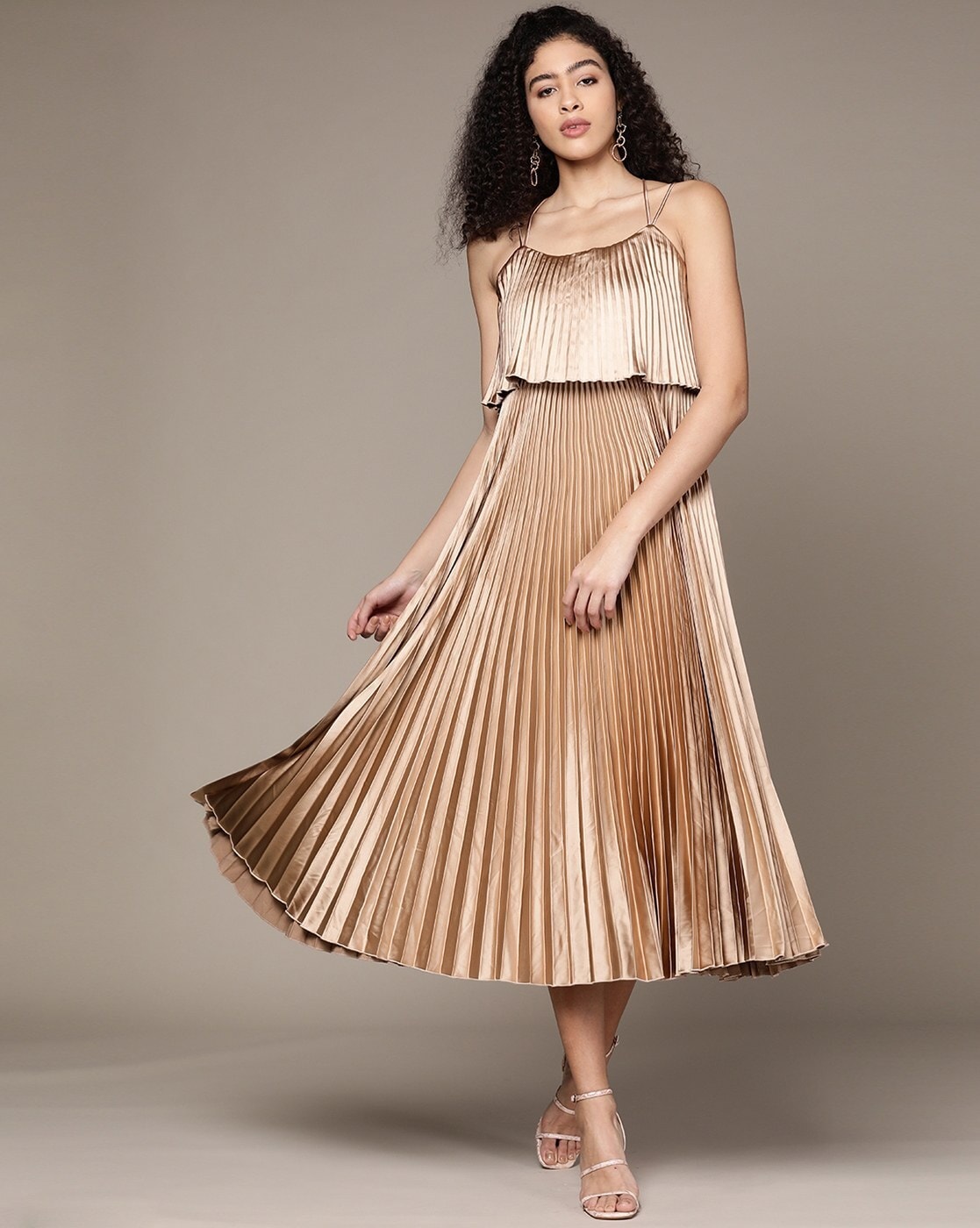 Ombre Dyed High Neck Accordion Pleated Fit and Flare Midi Dress
