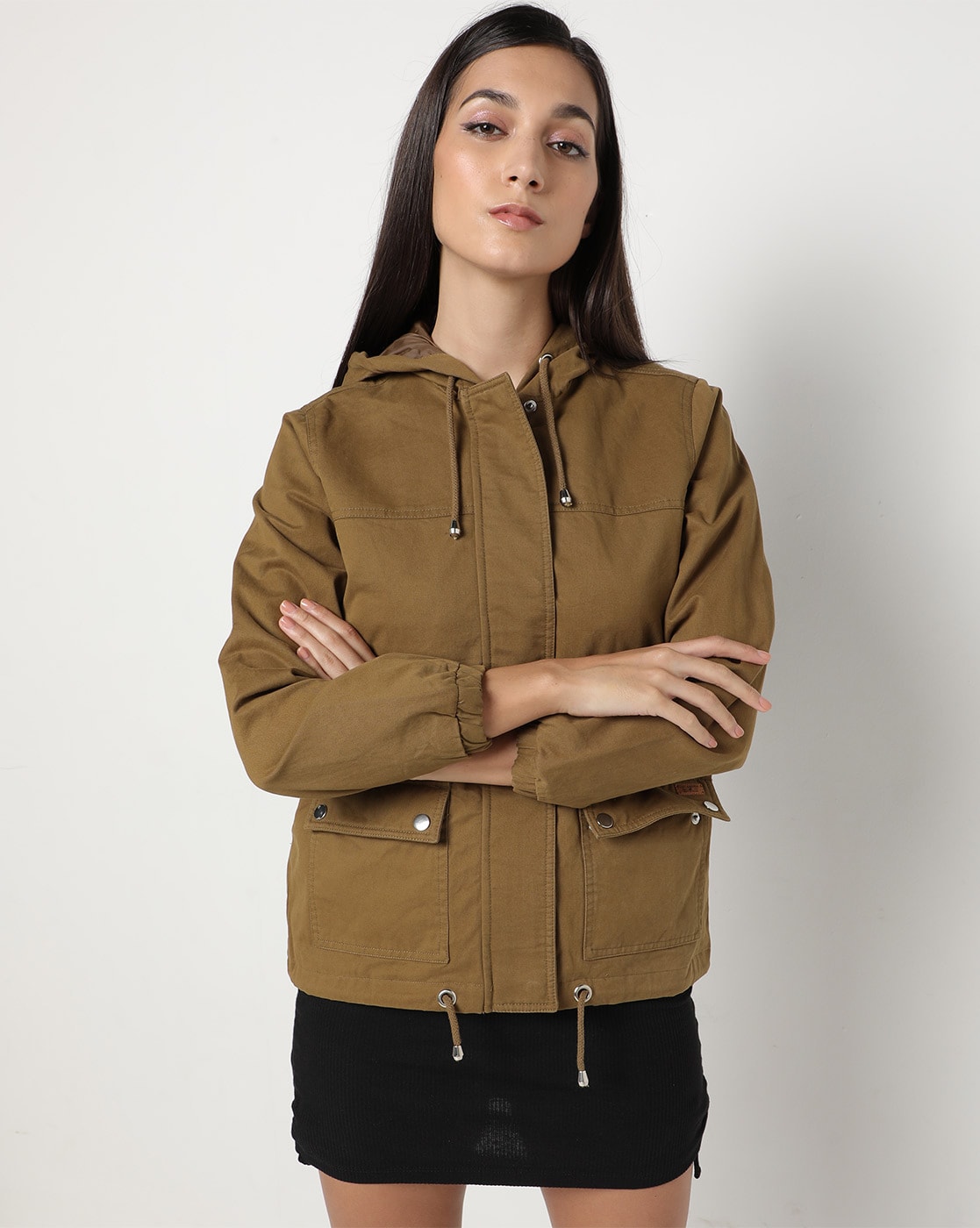 Buy online Women Khaki Solid Regular Jacket from jackets and blazers and  coats for Women by Showoff for ₹2109 at 60% off | 2024 Limeroad.com