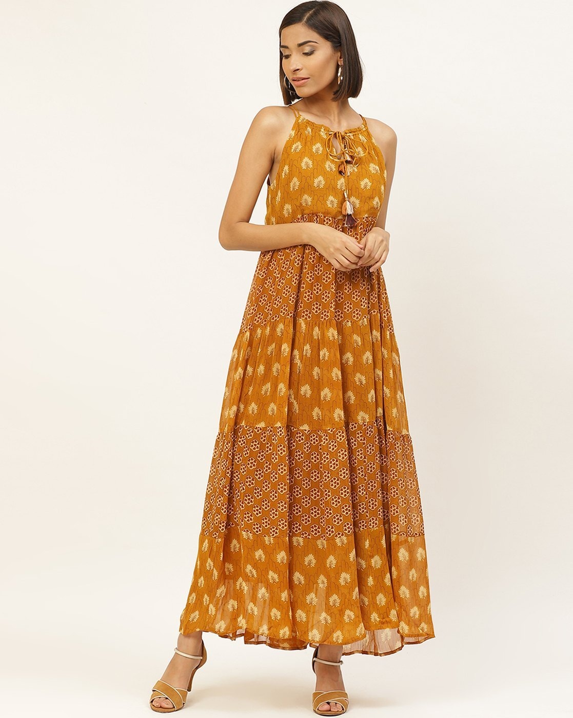 Buy Yellow Printed Halter Maxi Dress Online - Label Ritu Kumar