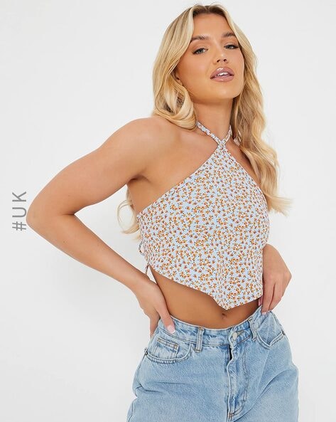 Ditsy Floral Print Halter Top with Tie-Up Back