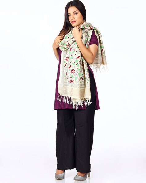 Pure Silk Tussar Kantha Embroidered Dupatta Price in India