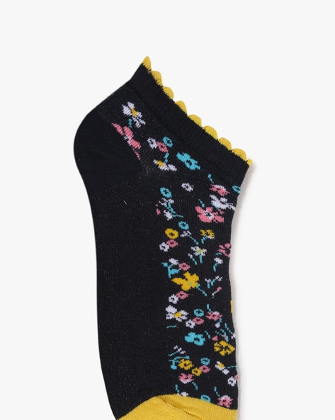 Woeoe Ankle Sheer Socks Black Silky Floral Printed India