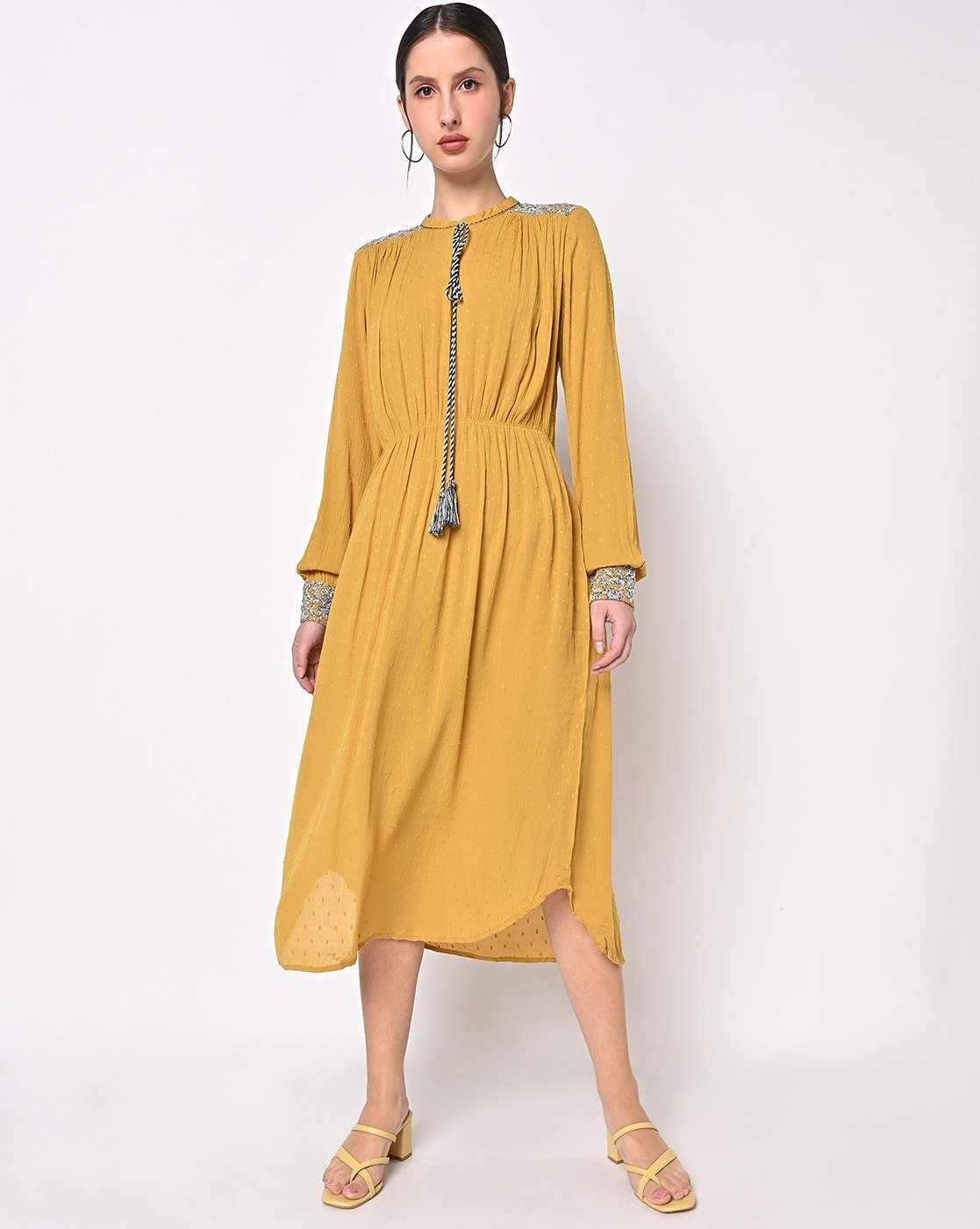 Yellow long best sale sleeve midi dress