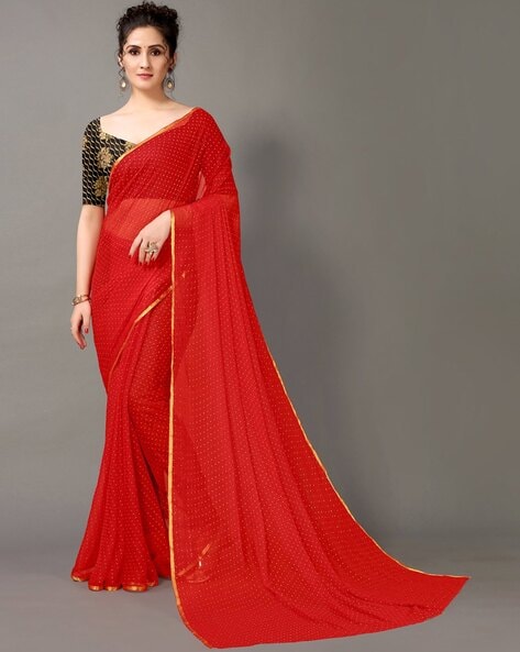 red plain chiffon party wear saree with net sequence blouse - Flourious -  4172833