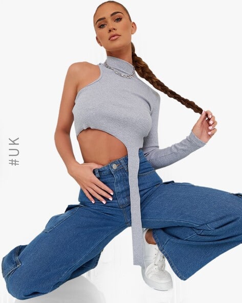 High-Neck One-Shoulder Crop Top