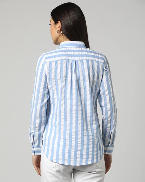 blue and white lining shirt for ladies