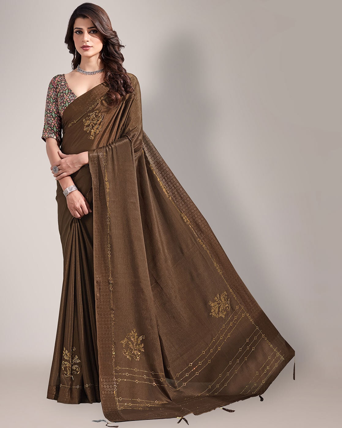 Coffee Brown Chiffon Saree - Mirra Clothing