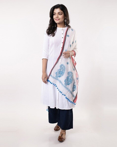 Embroidered Silk Stole with Pom-Poms Accent Price in India
