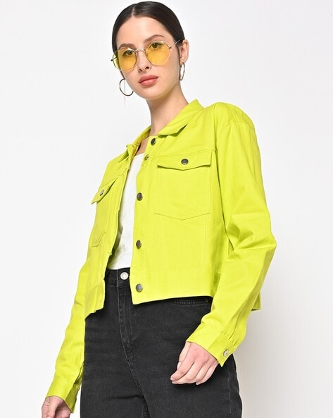 Yellow Neon Snake Denim Crop Jacket | Denim | PrettyLittleThing