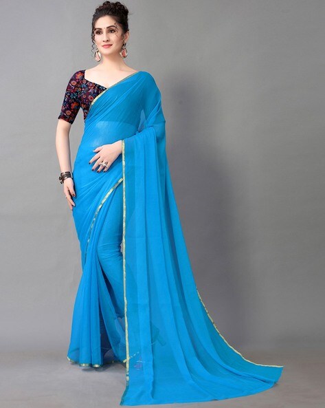 Zeel Fashion Solid/Plain Bollywood Velvet Saree (Blue) Saree With Blouse ||  Saree For Women ||