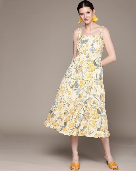 LABEL RITU KUMAR Floral Print A-line Dress with Spaghetti Straps