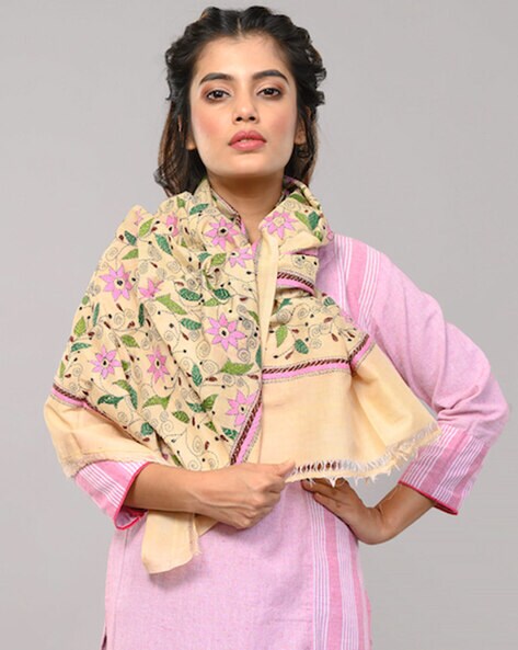 Floral Hand Kantha Embroidered Silk Stole Price in India