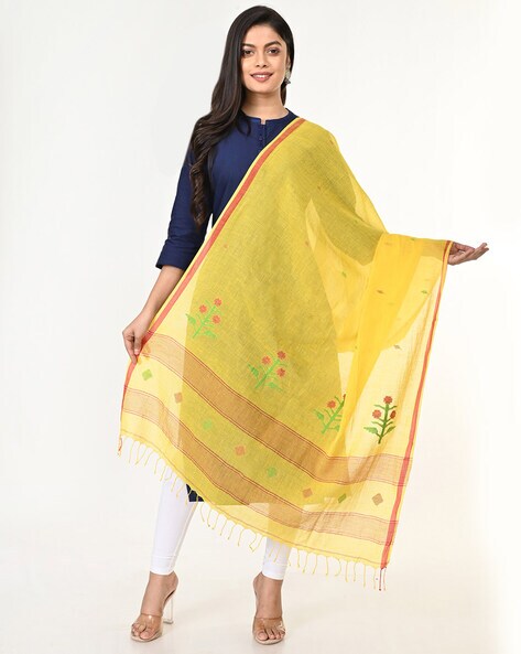 Floral Handwoven Jamdani Dupatta with Tassels Price in India