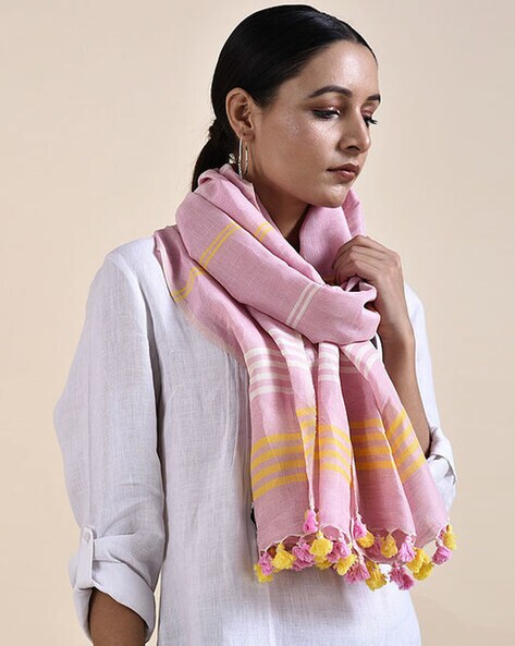 Handloom   Cotton Linen Striped Stole with Tassels Price in India