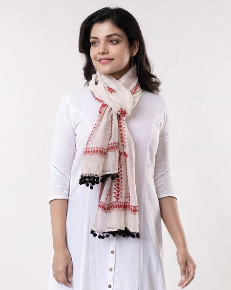 Embroidered Silk Stole with Pom-Poms Accent Price in India