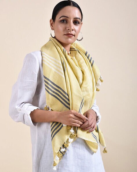Handloom  Striped Cotton Linen Stole with Tassels Price in India