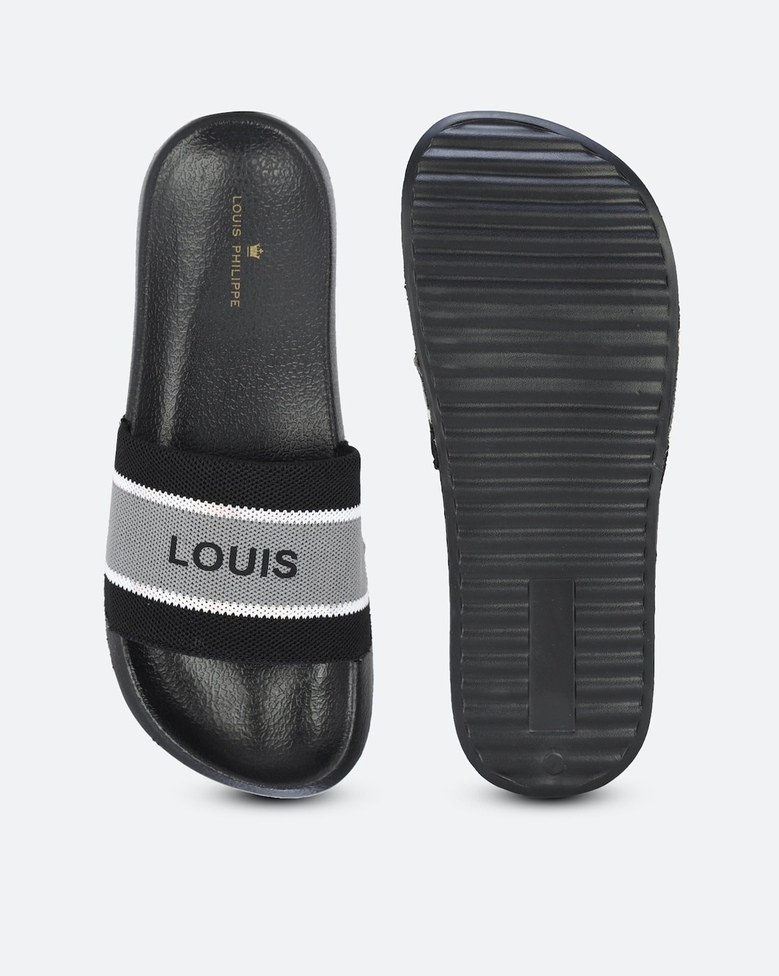 Buy Louis Philippe Men Black & White Brand Logo Printed Sliders - Flip  Flops for Men 14267316