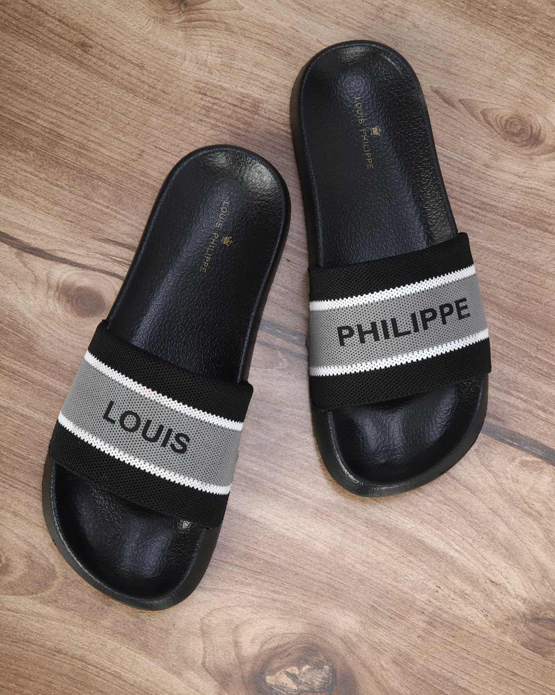 Buy Louis Philippe Men Black & White Brand Logo Printed Sliders - Flip  Flops for Men 14267316