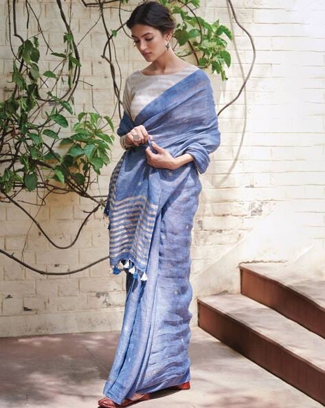 Shades of Blue, Maroon,& Silver Zari Striped Linen Saree – Thearyavart