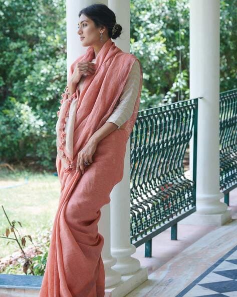 Peach color linen saree with golden zari butta and stripe design pallu –  BFM Fashion
