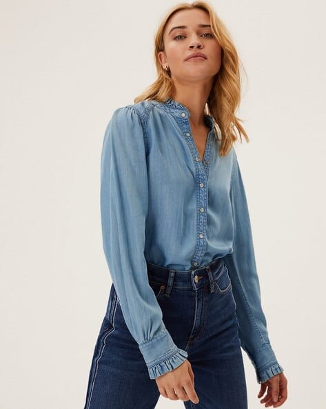 Denim Shirt with Puff Sleeves