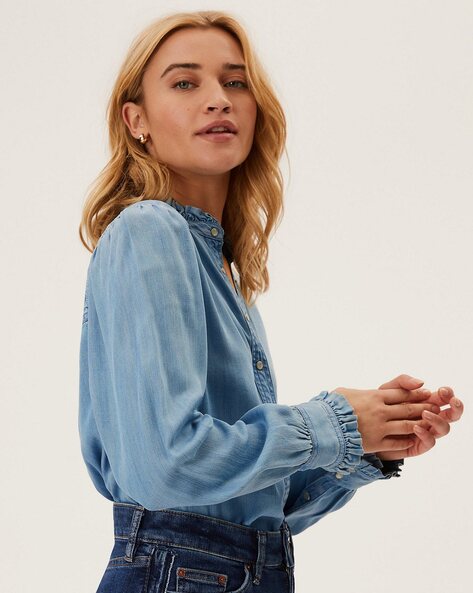 Only Mallory Puff Sleeve Denim Shirt in Light Blue Denim | iCLOTHING -  iCLOTHING