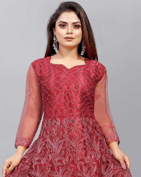 Soft Net Material Red Colour Designer Gown Decorated With Embroidery Worked  – Kaleendi