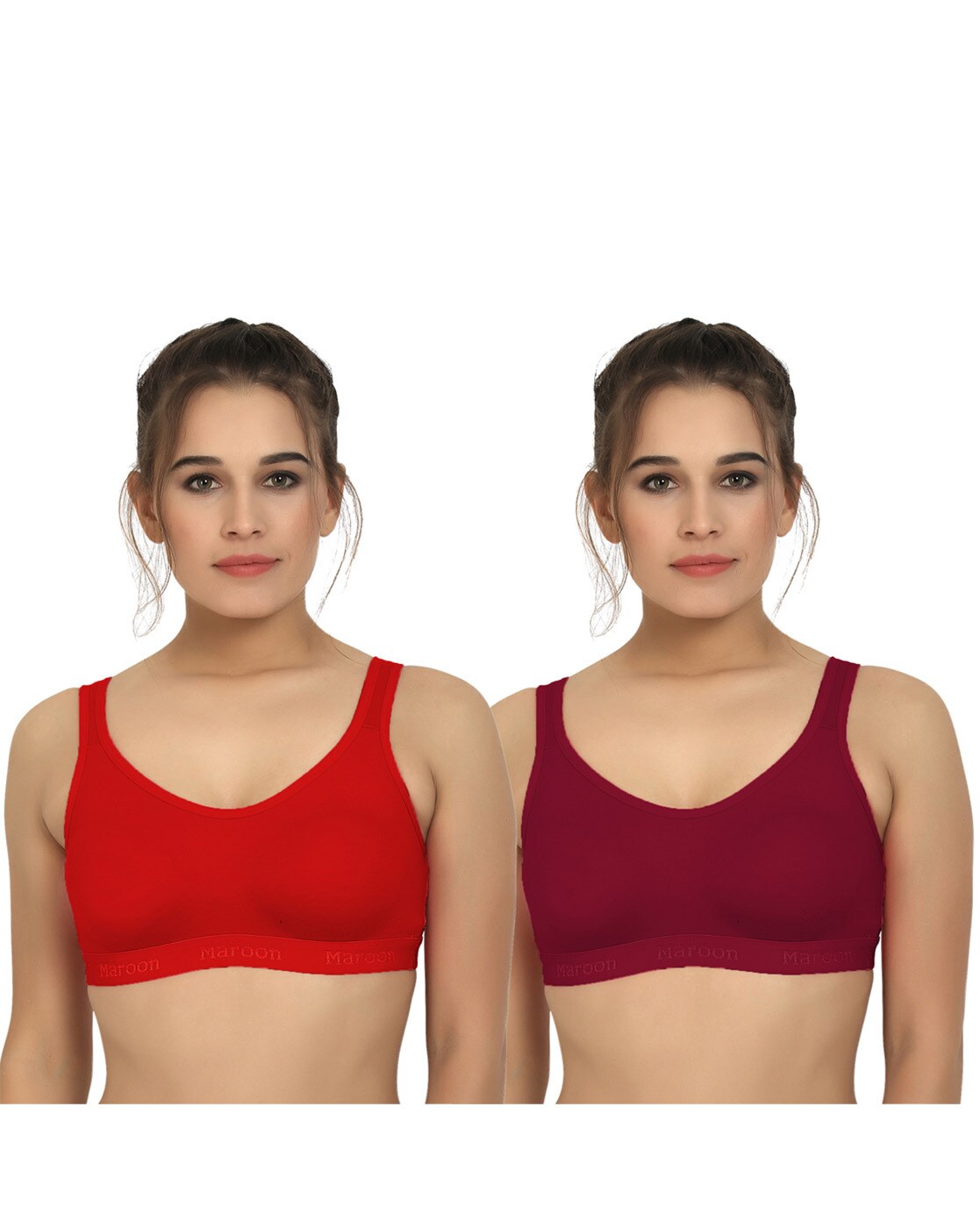 LooksOMG Cotton Lycra Sports bra in Maroon & Skin Color Pack of 2