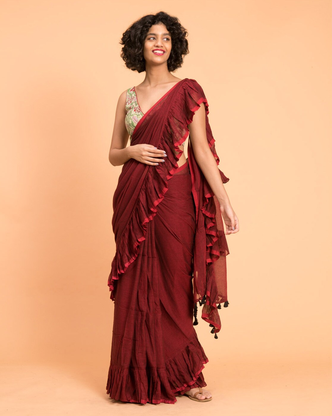 Reeta Fashion Elegant Maroon Georgette Mirror work lace with Shibori Print Ruffles  Saree with Unstitched Blouse | Reeta Fashion