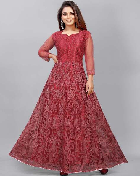 Soft Premium Net Wedding wear Gown in Maroon Color with Embroidery