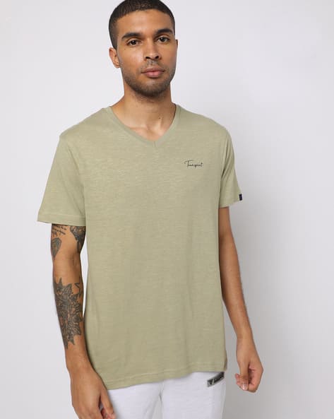 Teamspirit Core Slub V-neck T-shirt with Brand Print deal from ajio