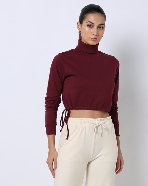 Maroon Slinky High Neck Longleeve Crop Top